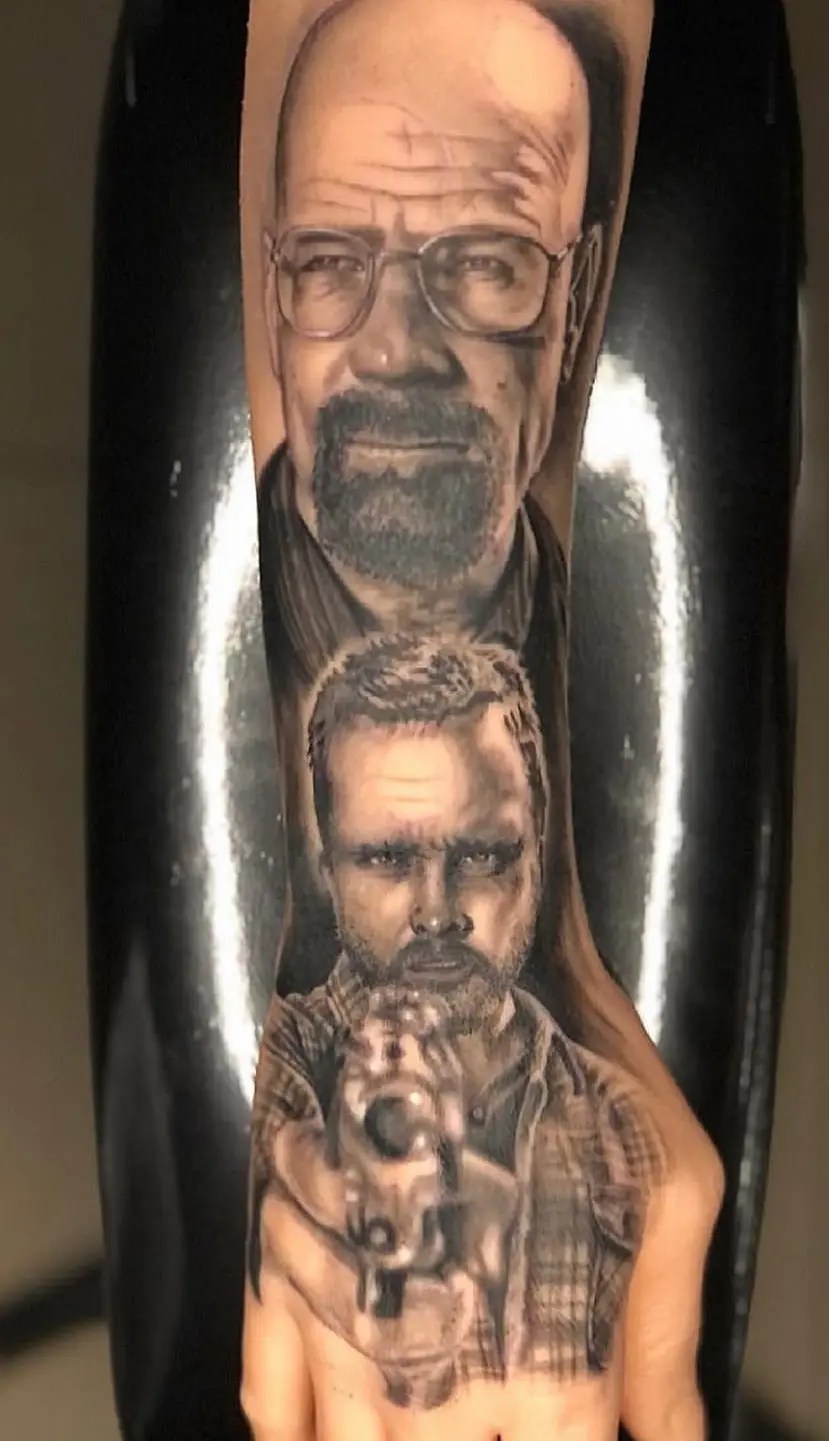 Black and grey portrait tattoo of Breaking Bad characters