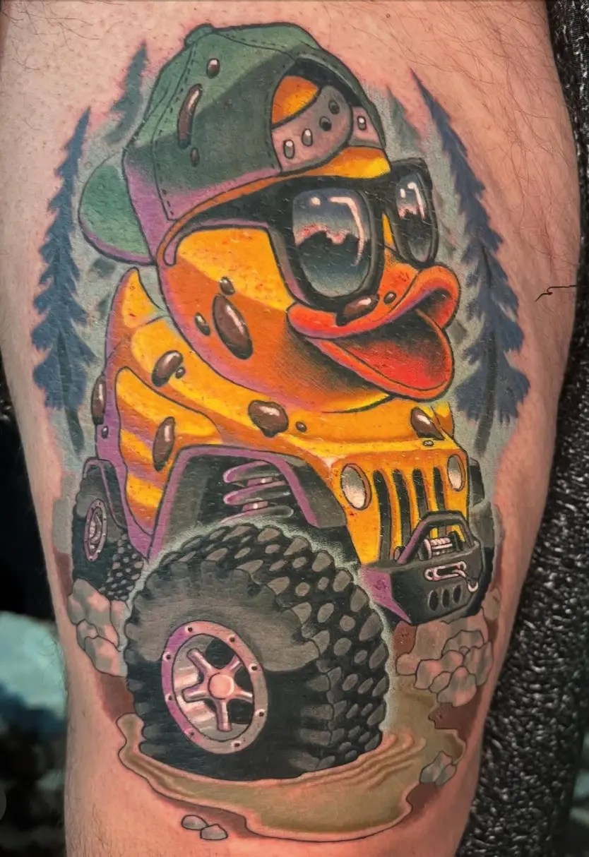 Colorful tattoo of a Jeep that's also a rubber duck