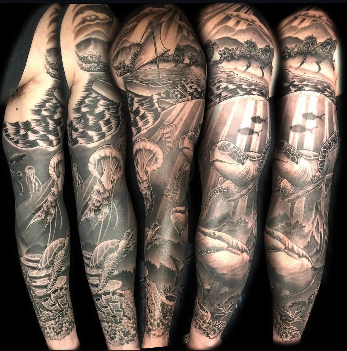 Black and grey realistic full sleeve tattoo with an ocean theme