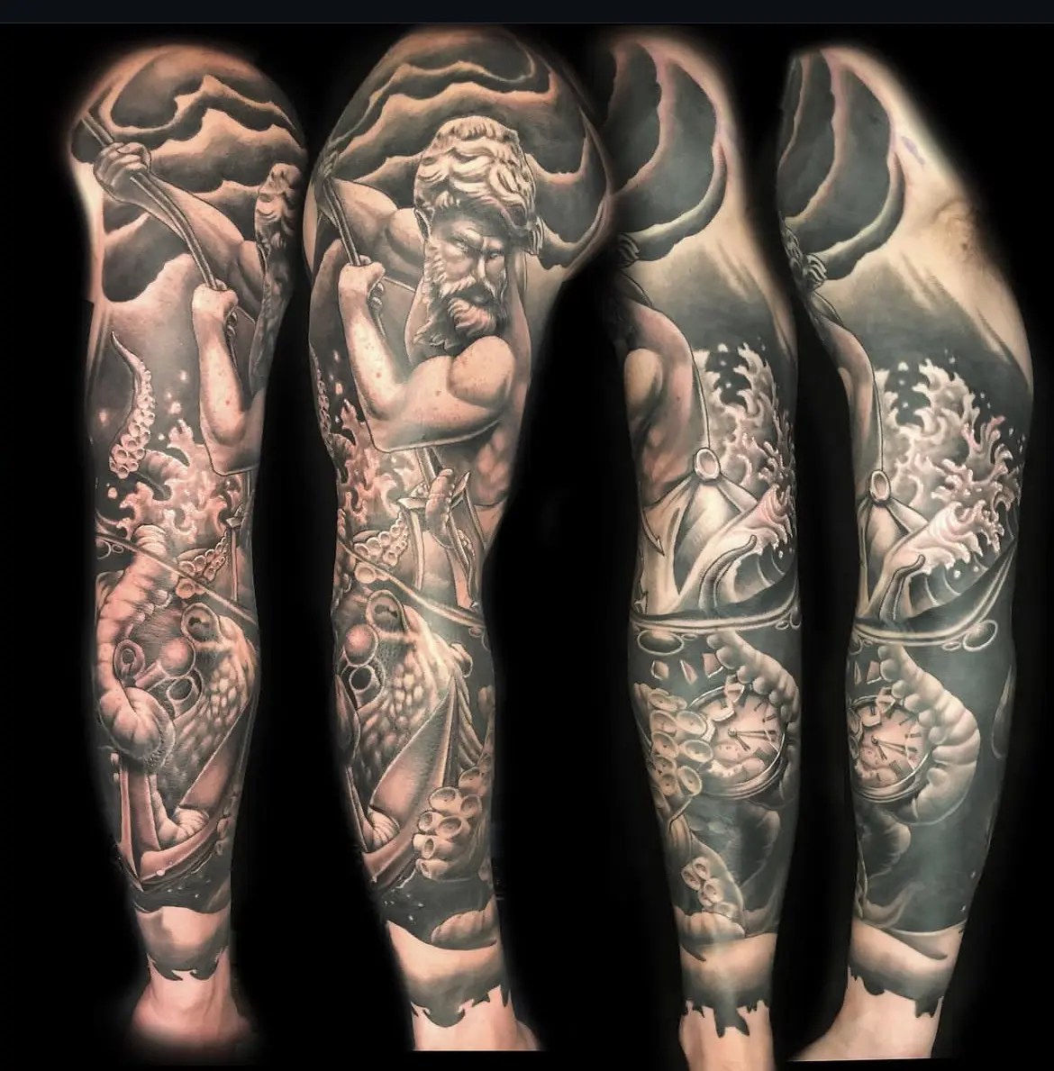 Black and grey full sleeve of Poseidon battling an octopus