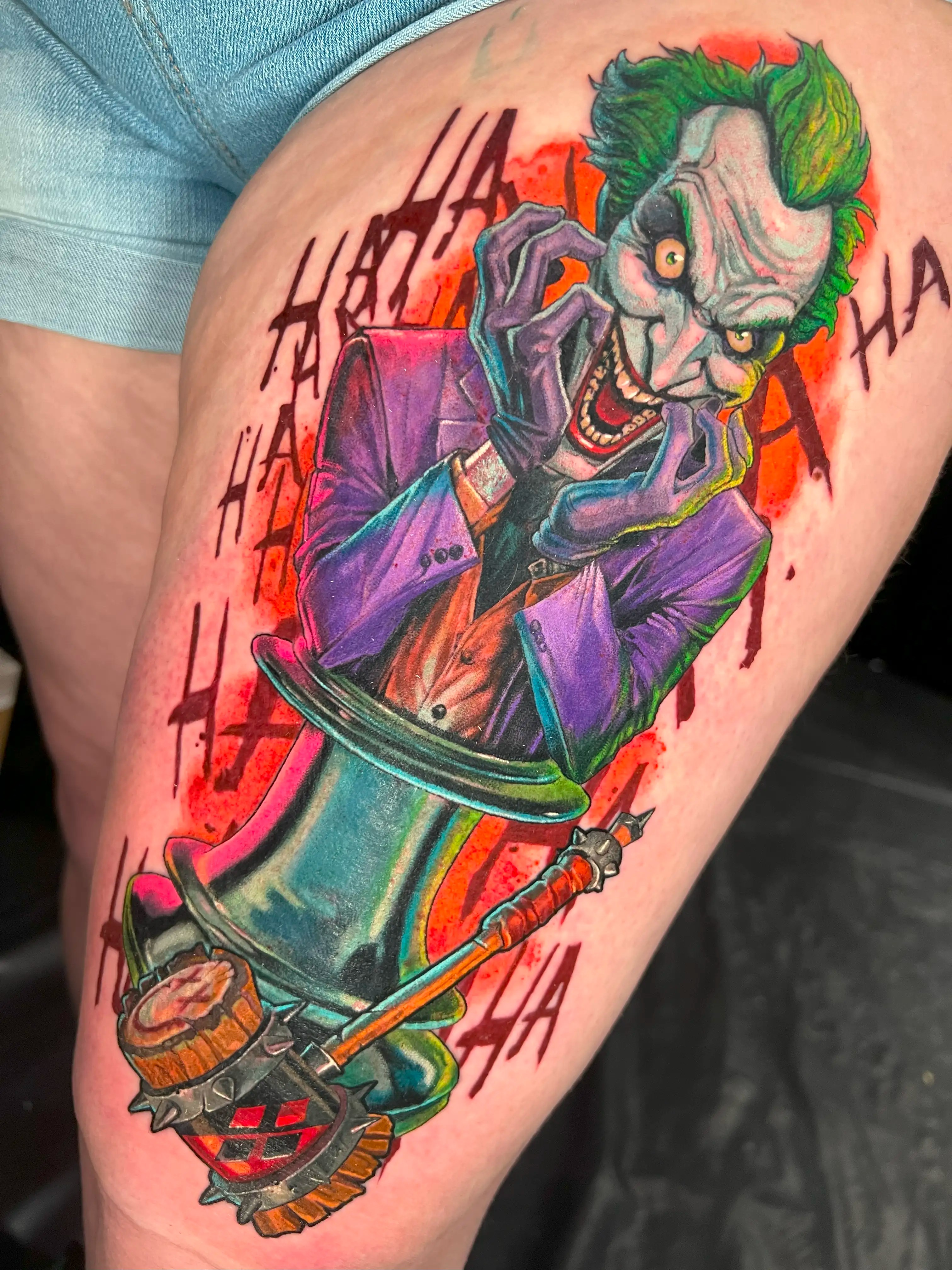 Colorful new school styled tattoo of the Joker