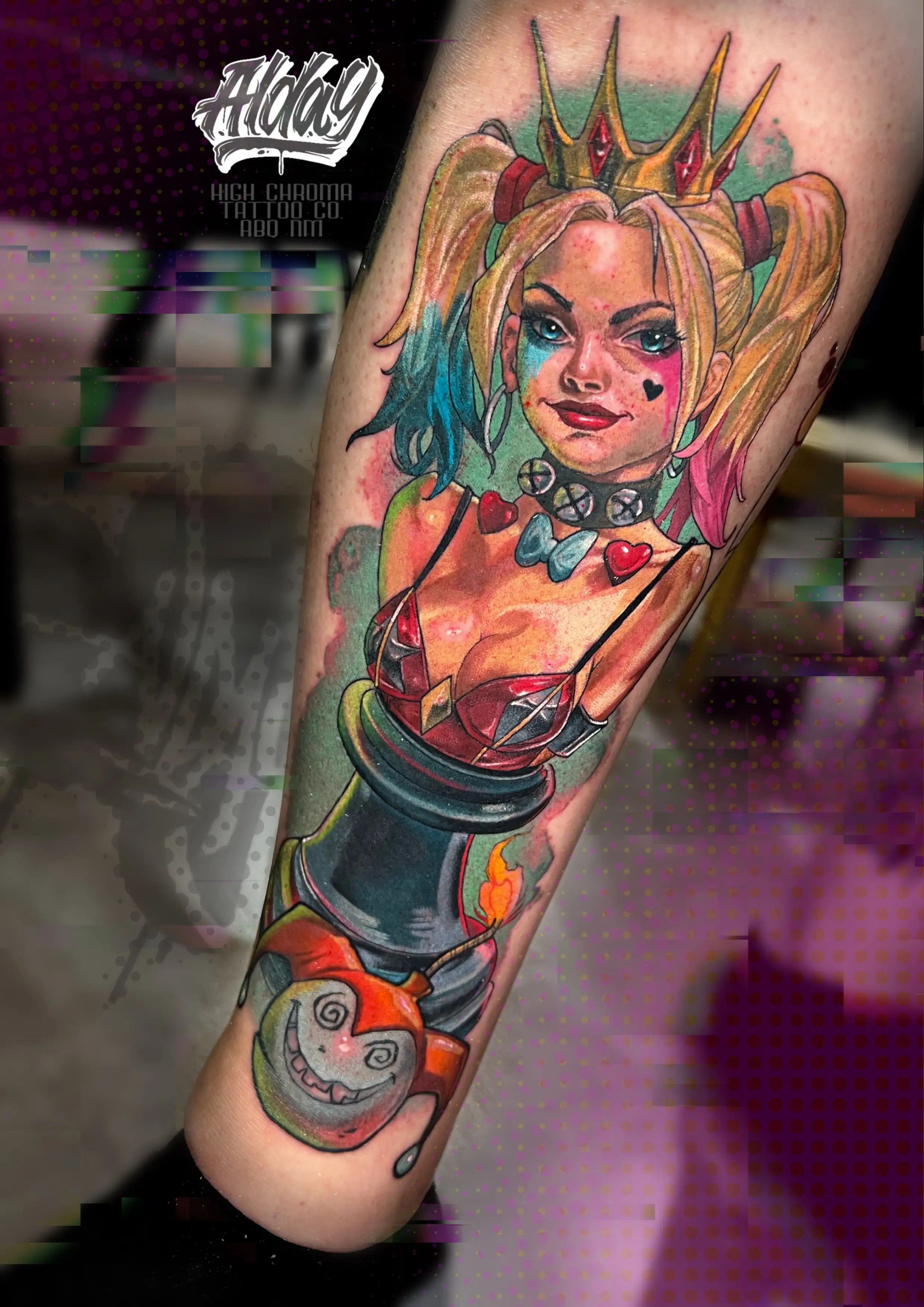 New school tattoo depicting Harley Quinn
